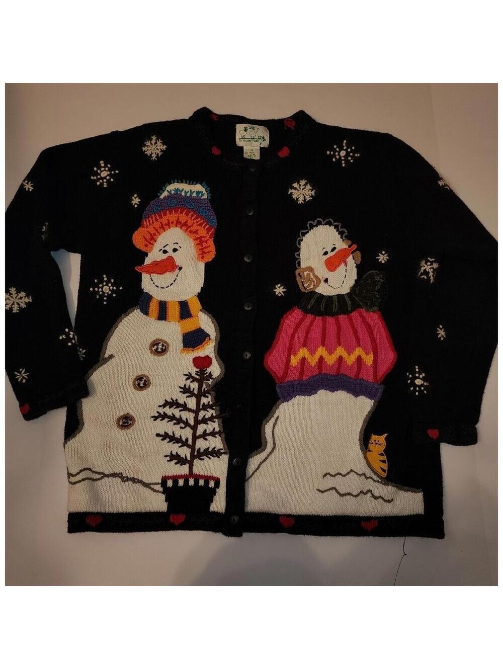 The Quacker Factory womens cardigan snowman hearts sz M winter teacher
